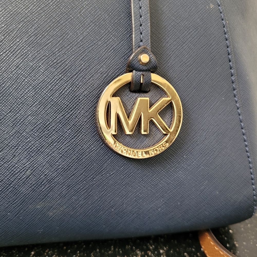 Michael Kors Navy Blue Ciara Satchel Bag With Brown Crossbody Strap - Picture 3 of 15